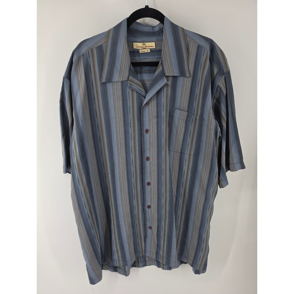 Tommy Bahama Vintage Fit 100% Silk Striped Short Sleeve Camp Shirt Blue XXL
